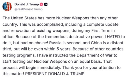 ABD Başkanı Trump’tan Çin Devlet Başkanı Xi görüşmesi öncesinde ABD Savunma Bakanlığı’na nükleer silah denemesi talimatı