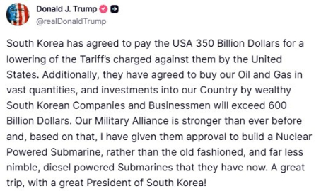 Trump: "Güney Kore ABD’ye toplam 950 milyar dolarlık yatırım yapacak"