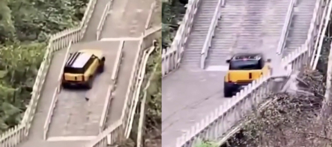 Tianmen Dağı’nın 999 merdivenini tırmanan test aracı tarihi yapıya zarar verdi