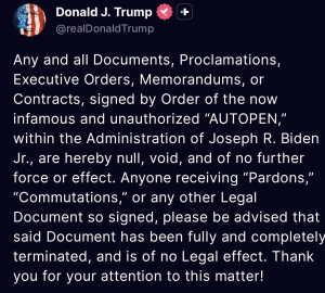 Trump, Biden döneminde "Autopen" ile imzalanan belgelerin geçerliliğini yitirdiğini açıkladı: "Bu şekilde af veya ceza indirimi alanlar yasal etkisinin olmadığını unutmamalı"