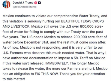 ABD Başkanı Trump’tan Meksika’ya su anlaşması uyarısı: "Yeterli su serbest bırakılmazsa, yüzde 5 gümrük vergisi uygulanacak"